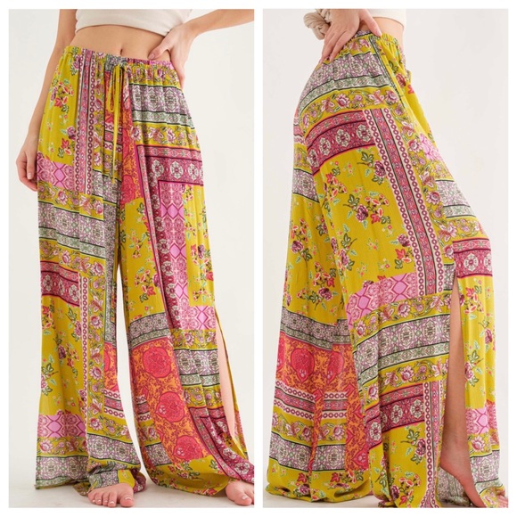 21 Boho Border Print Wide Pants with Side Slits - Picture 3 of 3